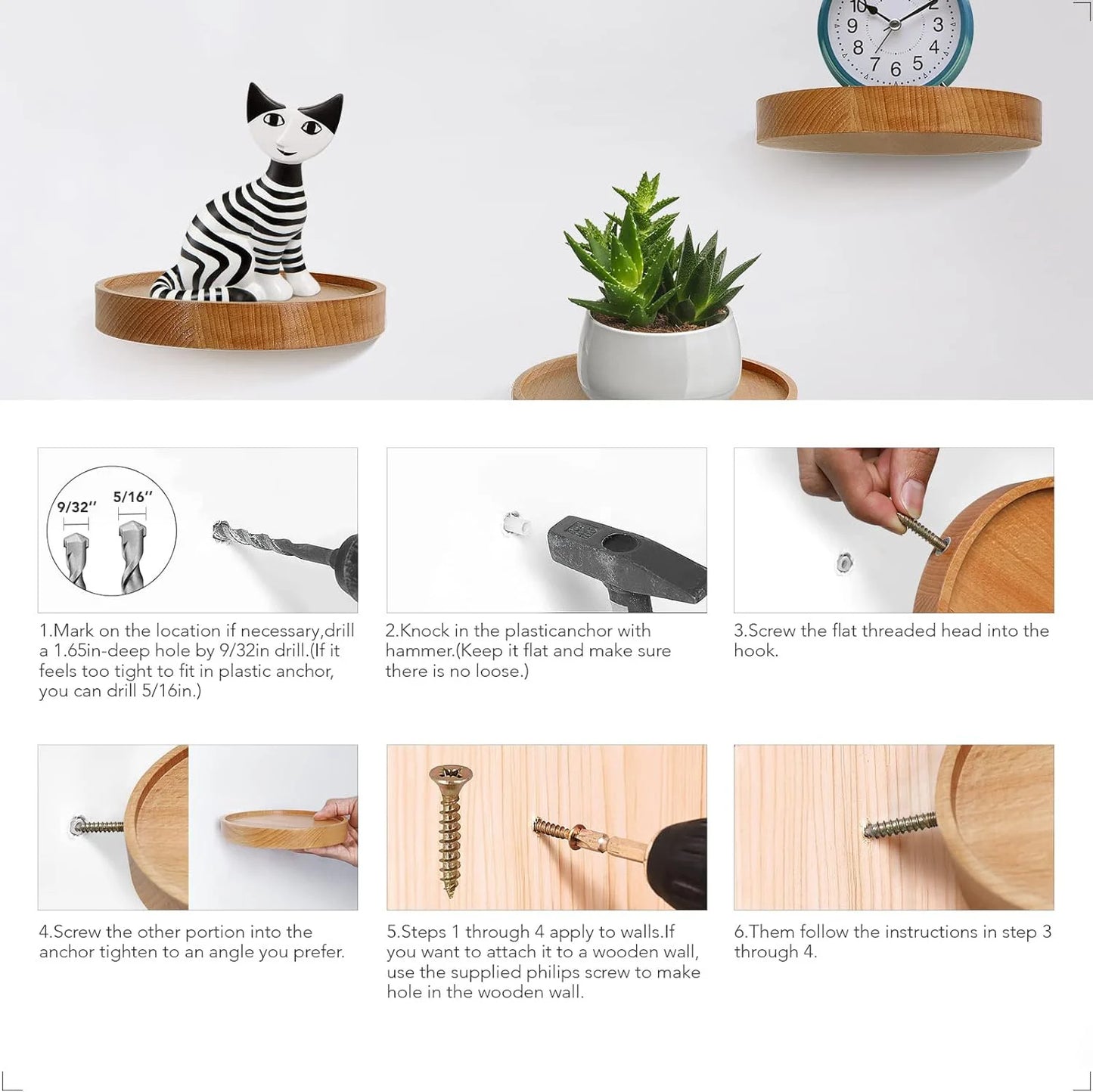 Round Oak Wood Floating Wall Shelves – Set of 3 or 6