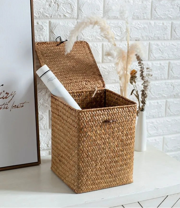 Grass Storage Basket Woven Organizer Baskets Decorative Large Capacity Bedroom Basket Luxury Toys Organizers Baskets with Lid