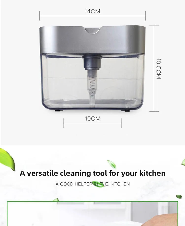 Kitchen cleaning essentials: dishwashing dispenser, auto liquid box, pot/dish brush, scouring pad, pot cleaner