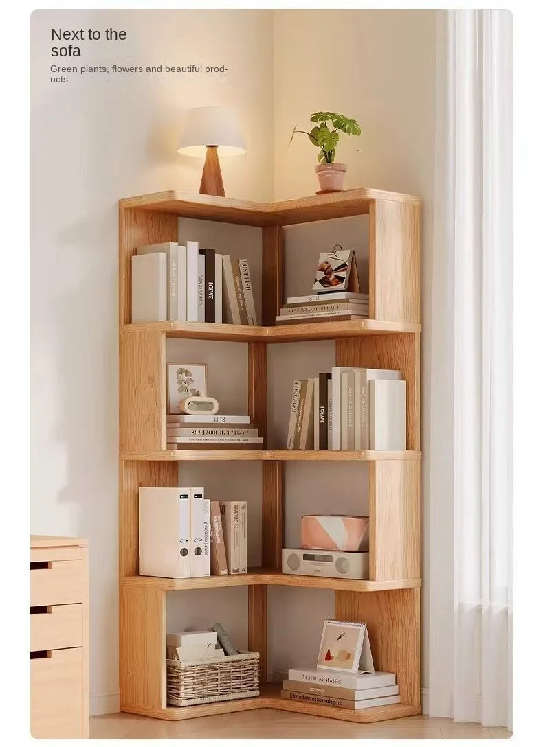 Solid wood corner bookshelf rack floor home living room corner multi-layer storage simple storage cabinet