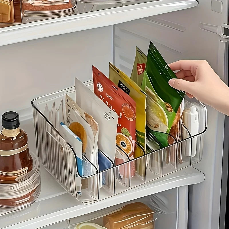 Adjustable Fridge & Pantry Organizer Bin – Clear Storage Container with Removable Dividers for Packets, Snacks & Pouches