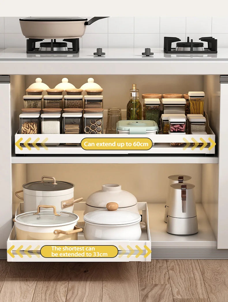 Kitchen Cabinet Basket With Slide Rails Drawer Type Bowl Dish Spice Box Storage Rack Scalable Shelf Bathroom Cabinets Organizer