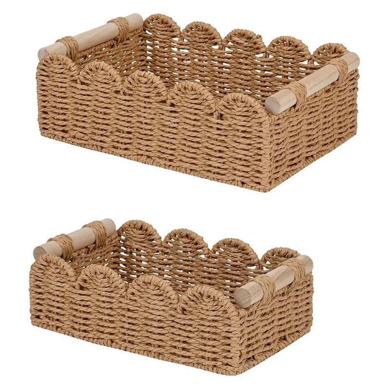 ABKW-For Home& Garden Rope Scalloped Edge Decorative Baskets- For Living Room, Bedroom, For Over Toilet Storage Shelf(2Pcs)