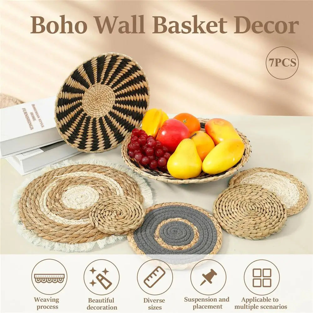 4/7PCS Boho Wall Baskets Seagrass Rattan Wicker Handmade Wall Art Room Decor Round Shape Hanging Wall Basket Home Decor
