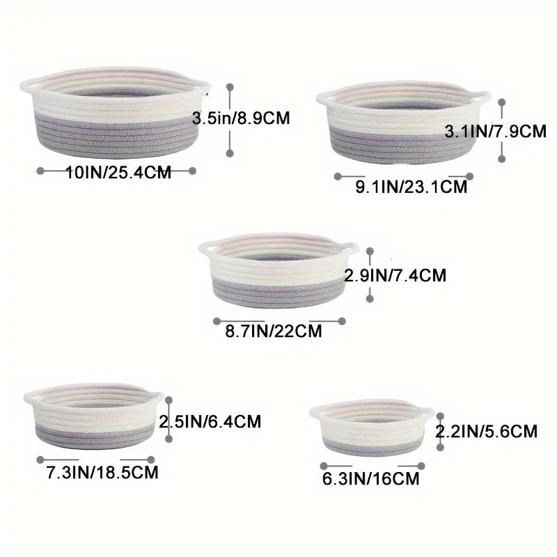 5pcs set of circular small baskets,hand woven baskets,toy storage baskets, fruits,remote controls,bathroom,table, key baskets