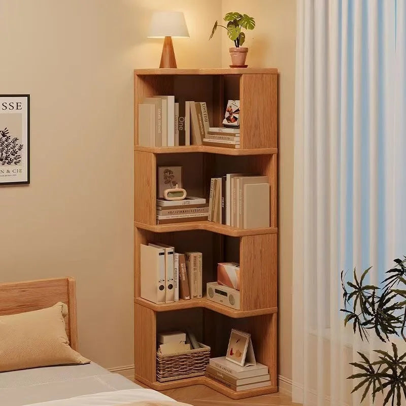 Solid wood corner bookshelf rack floor home living room corner multi-layer storage simple storage cabinet