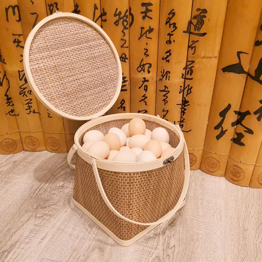 Bamboo Woven Storage Basket Flower Fruit Sundries Handle Basket Picnic Hamper Kitchen Organizer Home Decoration