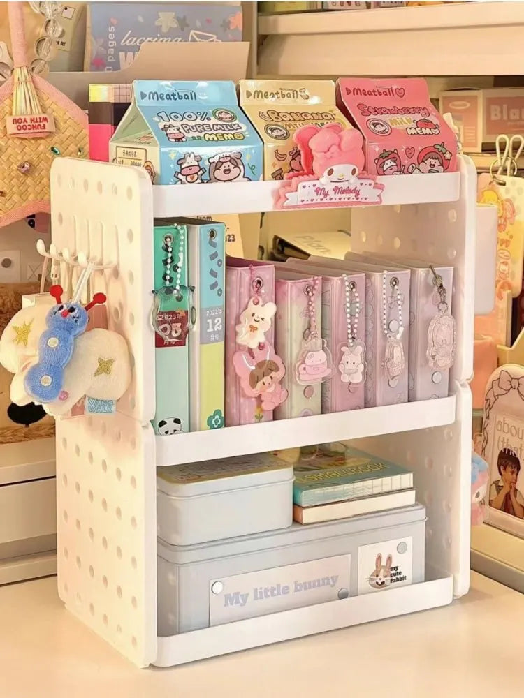 3-Tier Desktop Organizer Shelf with Pegboard – Modular Desk Storage Rack with Hooks & Compartments