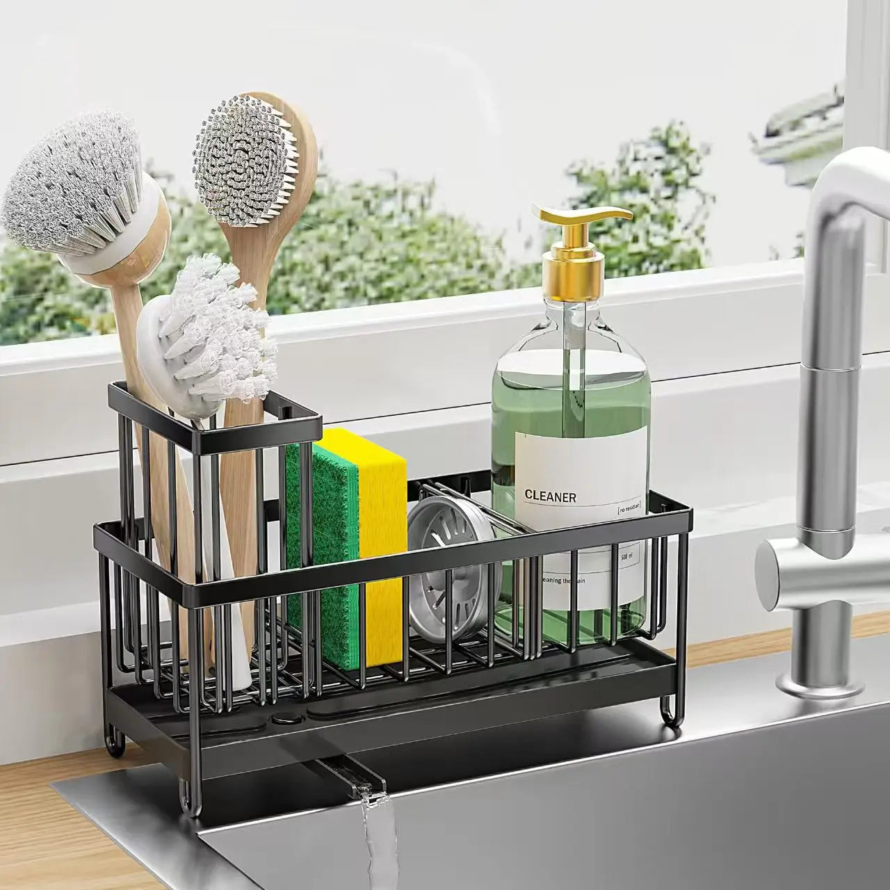 Kitchen Sink Sponge Holder with High Brush Rack, Essential Countertop Storage Organizer, Must-Have Kitchen Accessories