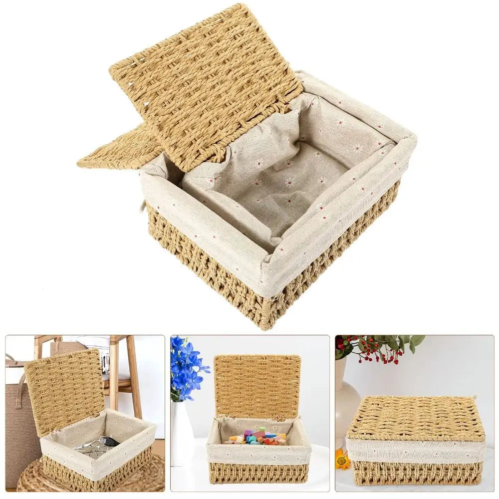 Hand Woven Wicker Storage Baskets Bohemia Hollow Out Decorative Bins Rectangular Portable Storage Basket Desk Decoration