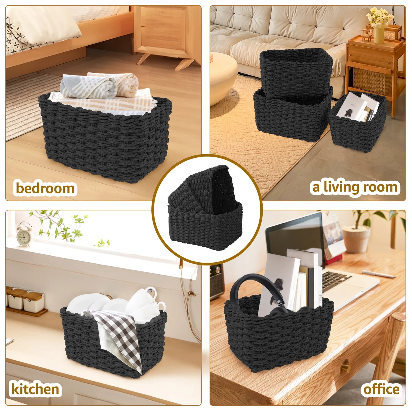3Pcs Grass Woven Storage Baskets Decorative Woven Baskets for Storage Multifunctional Picnic Basket Fruit Cosmetic Storage Box