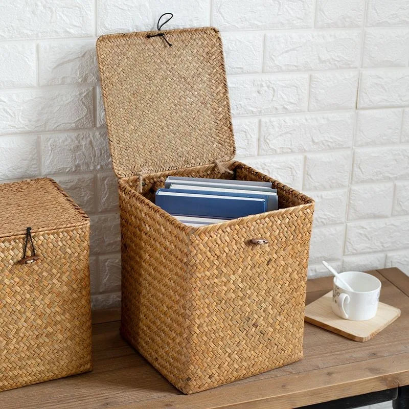Grass Storage Basket Woven Organizer Baskets Decorative Large Capacity Bedroom Basket Luxury Toys Organizers Baskets with Lid