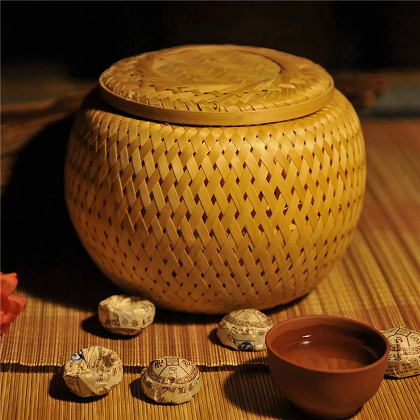 Y51A-Set Of 4 Small Decorative Bamboo Baskets With Lid For Storing Small Items Handmade And Braided Bamboo Storage Box