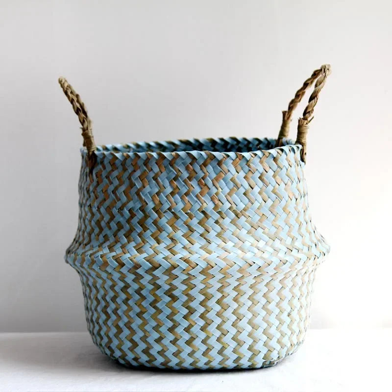 Home Cestas Mimbre Striped Wicker Storage Baskets Laundry Basket Handmade Collapsible Straw Patchwork Seagrass Osier Panier