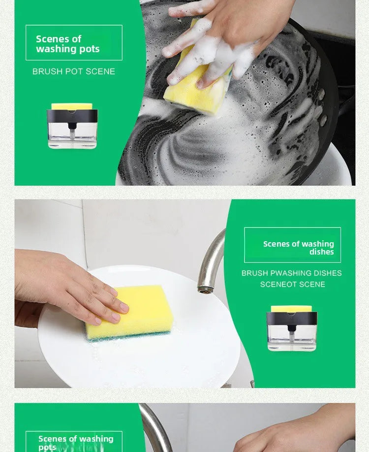 Kitchen cleaning essentials: dishwashing dispenser, auto liquid box, pot/dish brush, scouring pad, pot cleaner