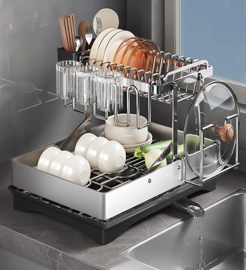 Kitchen Stainless Steel Dish Drainer Chopsticks Knives Forks and Cup Organizer Countertop ShelvesFoldable Multifunctional Rack