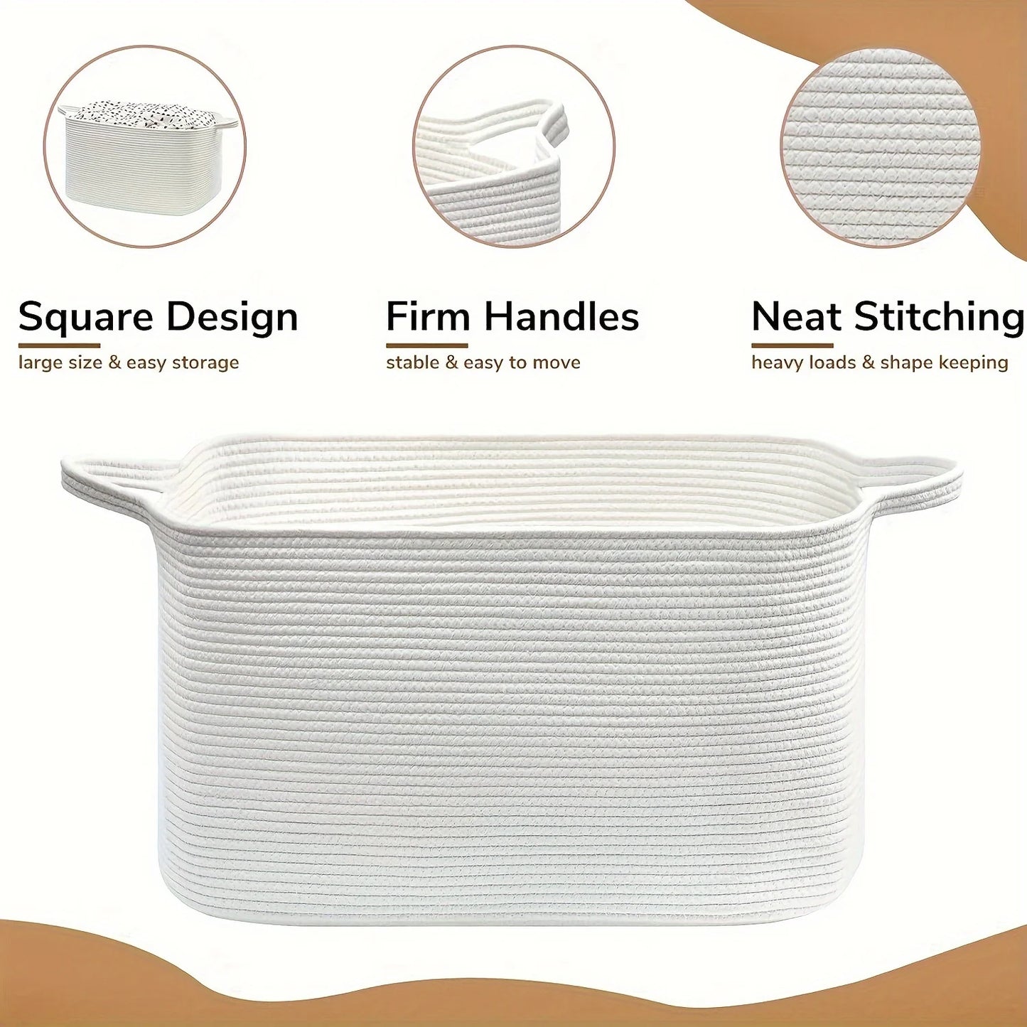 Classic Large Woven Storage Basket, Cotton Thread Woven Storage Basket, Square Decorative Box Organization and Decoration