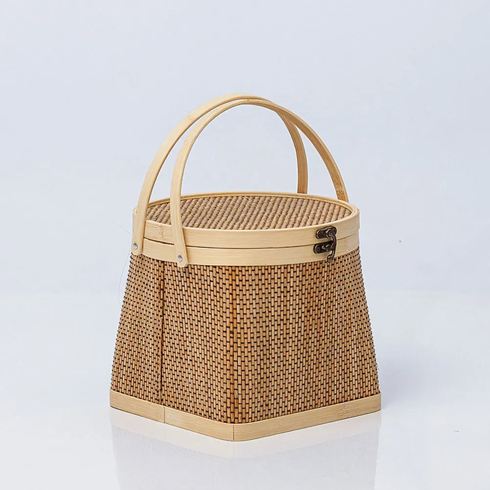 Bamboo Woven Storage Basket Flower Fruit Sundries Handle Basket Picnic Hamper Kitchen Organizer Home Decoration