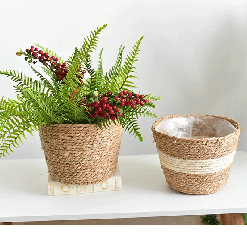 Handwoven Straw Plant Basket — Natural Indoor & Outdoor Planter Cover