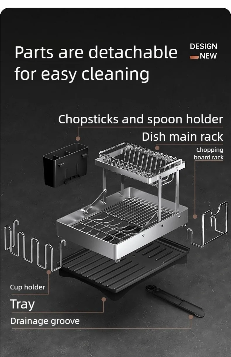 Kitchen Stainless Steel Dish Drainer Chopsticks Knives Forks and Cup Organizer Countertop ShelvesFoldable Multifunctional Rack
