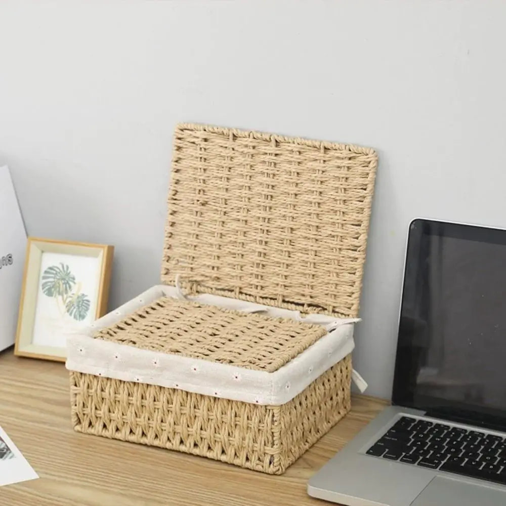 Hand Woven Wicker Storage Baskets Bohemia Hollow Out Decorative Bins Rectangular Portable Storage Basket Desk Decoration