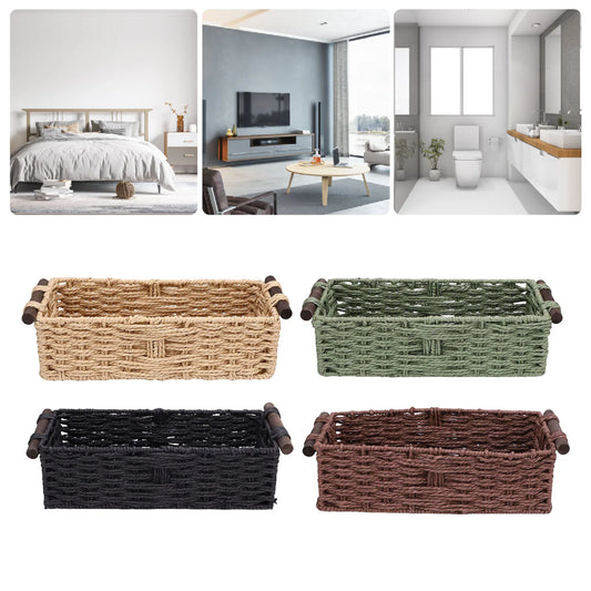 Toilet Paper Basket Handmade Decorative Cabinet Organizer Basket Breathable Wooden Handles Portable Paper Rope for Countertop
