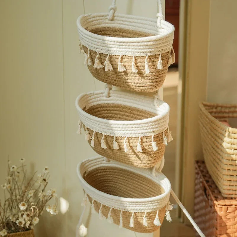 3 Tier Hanging Rope Basket Wall Basket Boho Wall Decorative Woven Storage Sundries Cosmetics Box Basket Closet Living Room