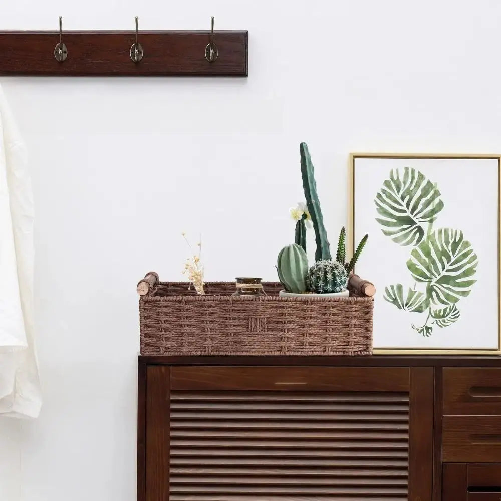 New Paper Rope Storage Basket with Handle Organizing Wicker Baskets Decorative Handmade Countertop Storage Bins High Quality