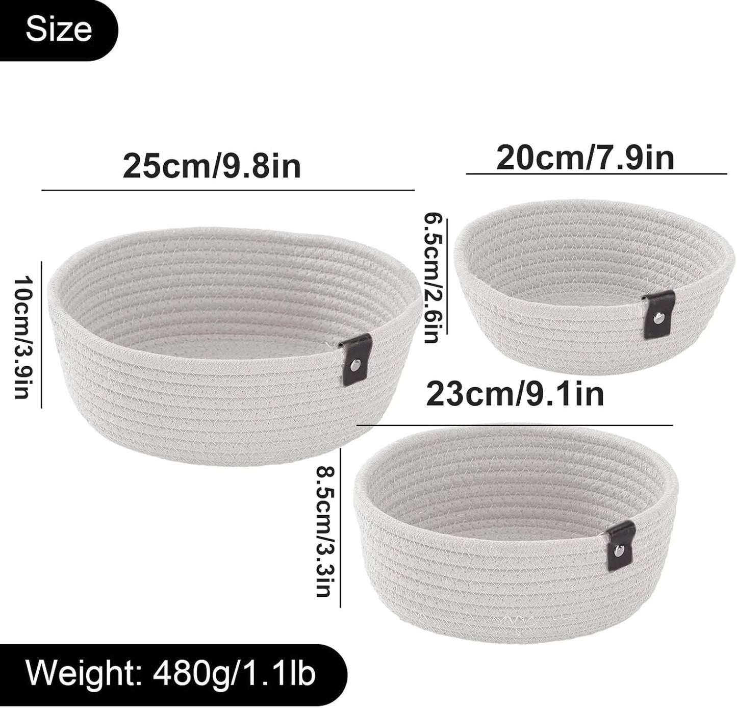 3PCS Storage Basket Set Natural Cotton Woven Rope Baskets for Storage Baskets for Gifts Empty Small Storage Bins with Handle