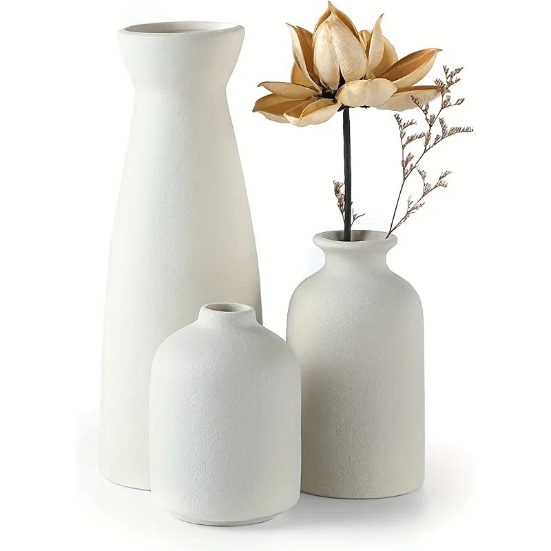 Set of 3 Ceramic Vases — Modern Farmhouse Accent for Shelves & Tables