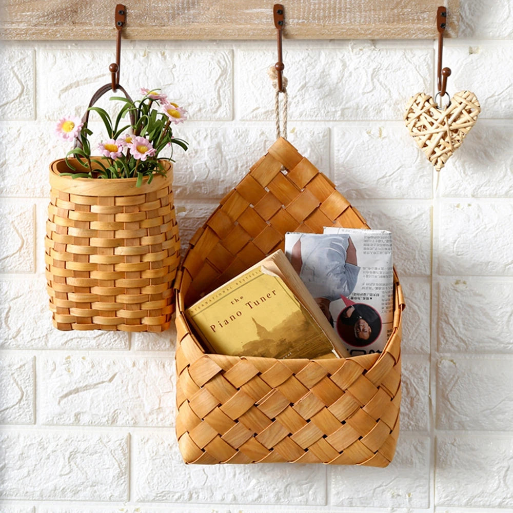 Wall Hanging Storage Baskets Wall Decorative Plant Flower Pot Bamboo Storage Basket for Home Garden Wedding Farmhouse Decoration