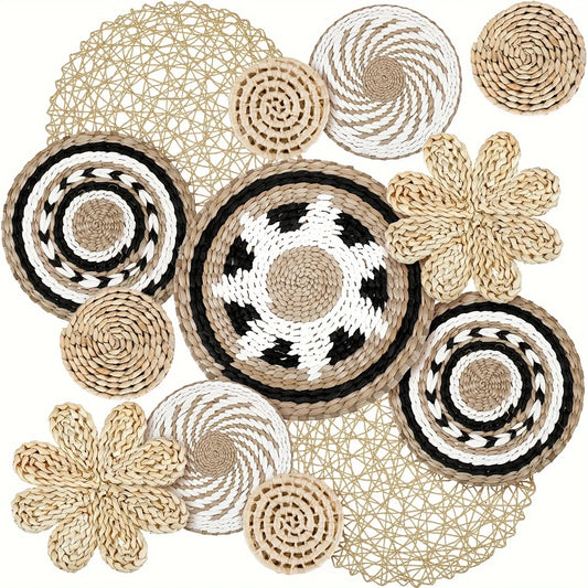 10Pcs Handcrafted Bohemian Style Wall Basket Decorative Woven Rattan Flat Wall Basket Decoration Bedroom Living Room Dining Room