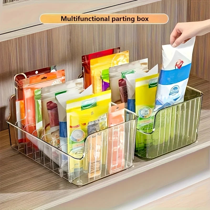 Adjustable Fridge & Pantry Organizer Bin – Clear Storage Container with Removable Dividers for Packets, Snacks & Pouches