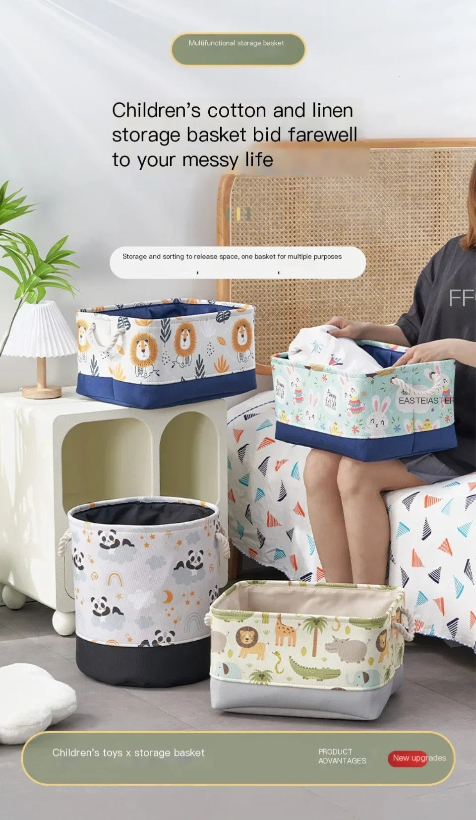 Toys Storage Baskets Collapsible Convenient Storage Basket Cartoon Print Thickened Fabric Drawstring Clutter Storage Organizer