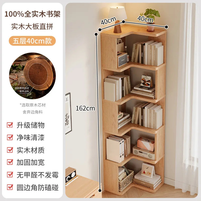 Solid Wood Corner Bookshelf 3-5 Tier Bookcase Storage Shelf Organizer Rack for Living Room Bedroom Home Office Furniture