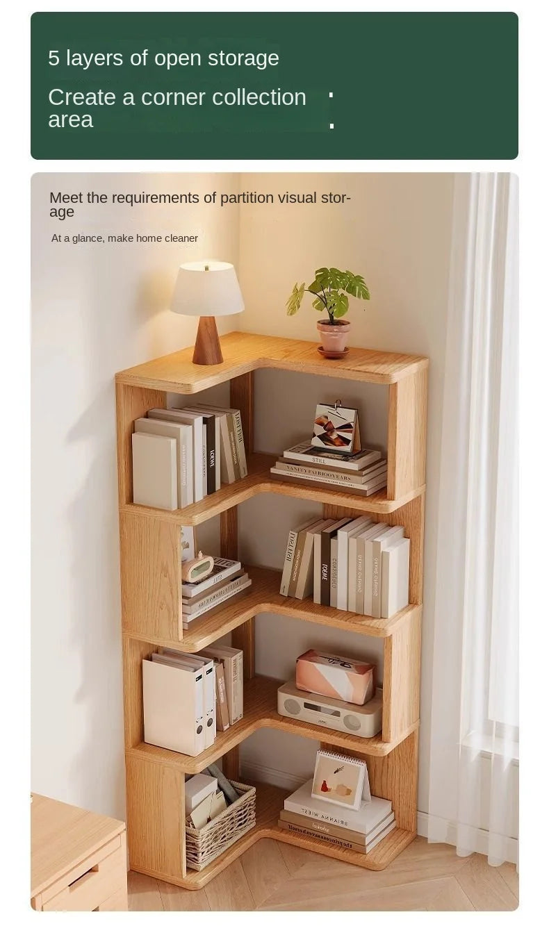 Solid wood corner bookshelf rack floor home living room corner multi-layer storage simple storage cabinet
