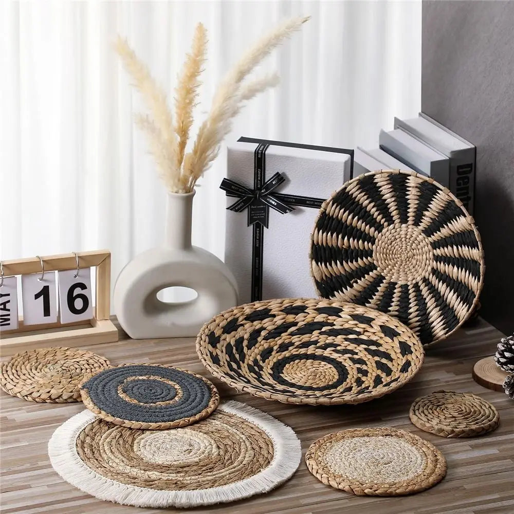 4/7PCS Boho Wall Baskets Seagrass Rattan Wicker Handmade Wall Art Room Decor Round Shape Hanging Wall Basket Home Decor