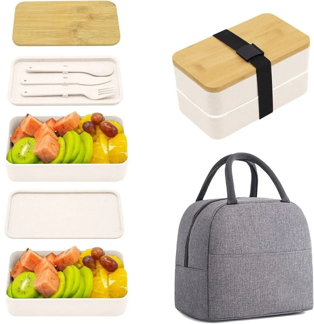 2-Tier Bento Lunch Box with Cutlery — Microwave & Dishwasher Safe