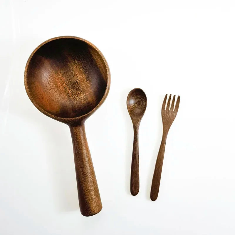 Kitchen Bar Utensils, Wooden Cutlery, Bowls, Spoons, Forks Set, Can be Used for Travel, Picnic,  Portable Eco-friendly, Chunky