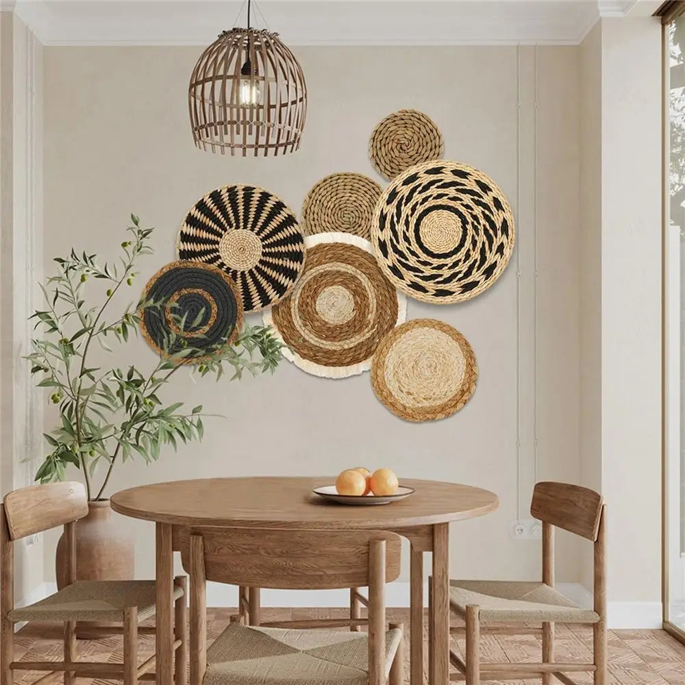 4/7PCS Boho Wall Baskets Seagrass Rattan Wicker Handmade Wall Art Room Decor Round Shape Hanging Wall Basket Home Decor
