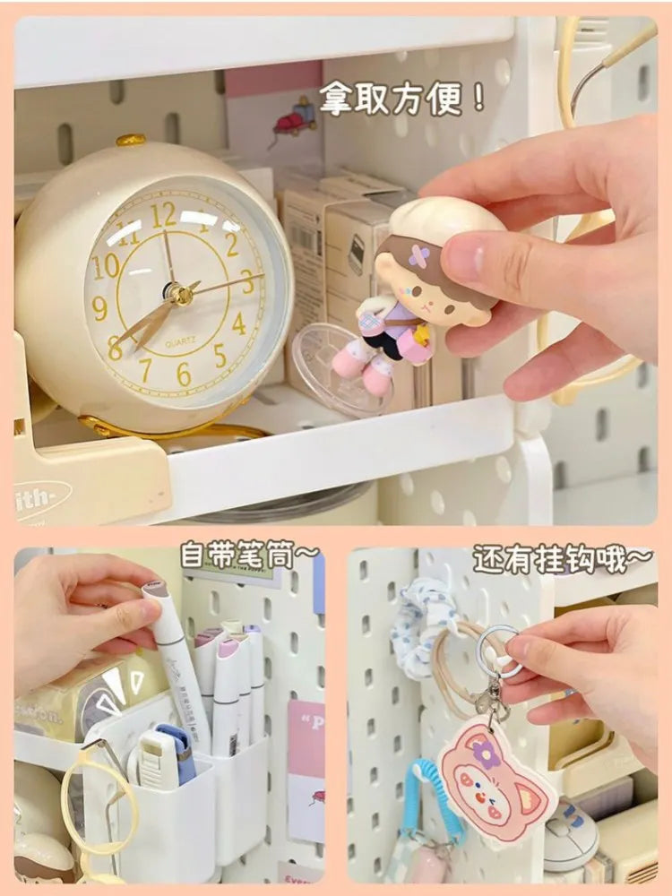 3-Tier Desktop Organizer Shelf with Pegboard – Modular Desk Storage Rack with Hooks & Compartments