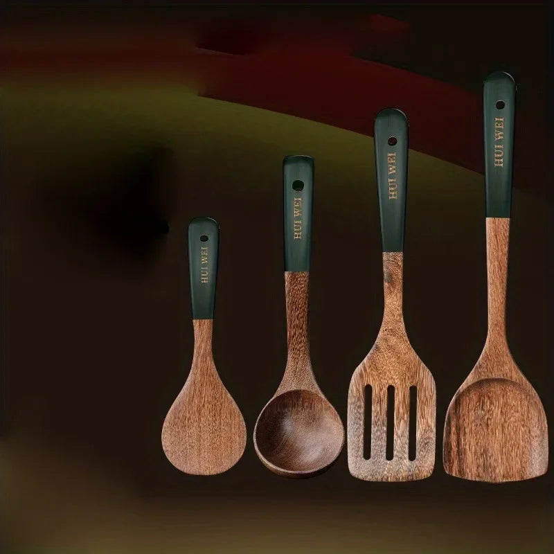 A set of wooden kitchen utensils such as spatula, cooking special, household non-stick pan, heat-resistant and durable cookware