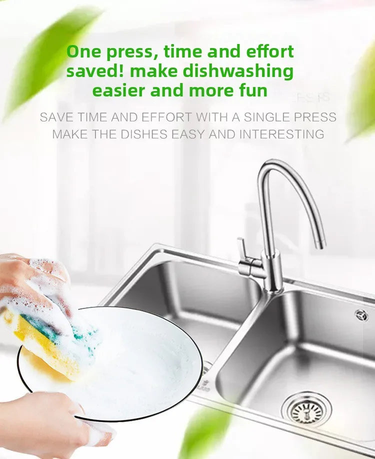 Kitchen cleaning essentials: dishwashing dispenser, auto liquid box, pot/dish brush, scouring pad, pot cleaner