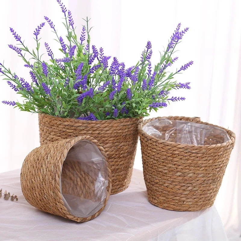 Handwoven Straw Plant Basket — Natural Indoor & Outdoor Planter Cover