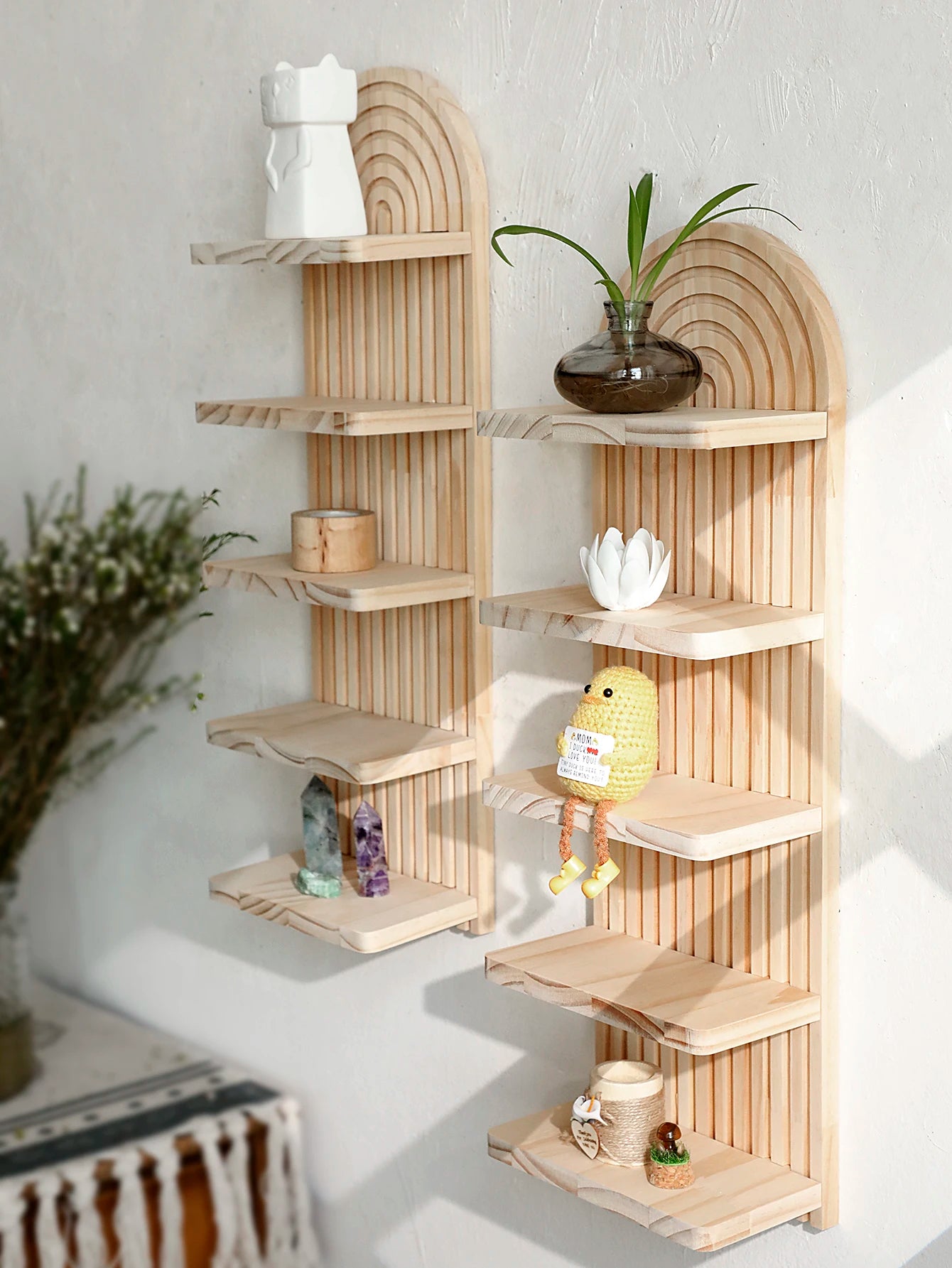 5-Tier Arched Wooden Wall Shelf – Natural Floating Display