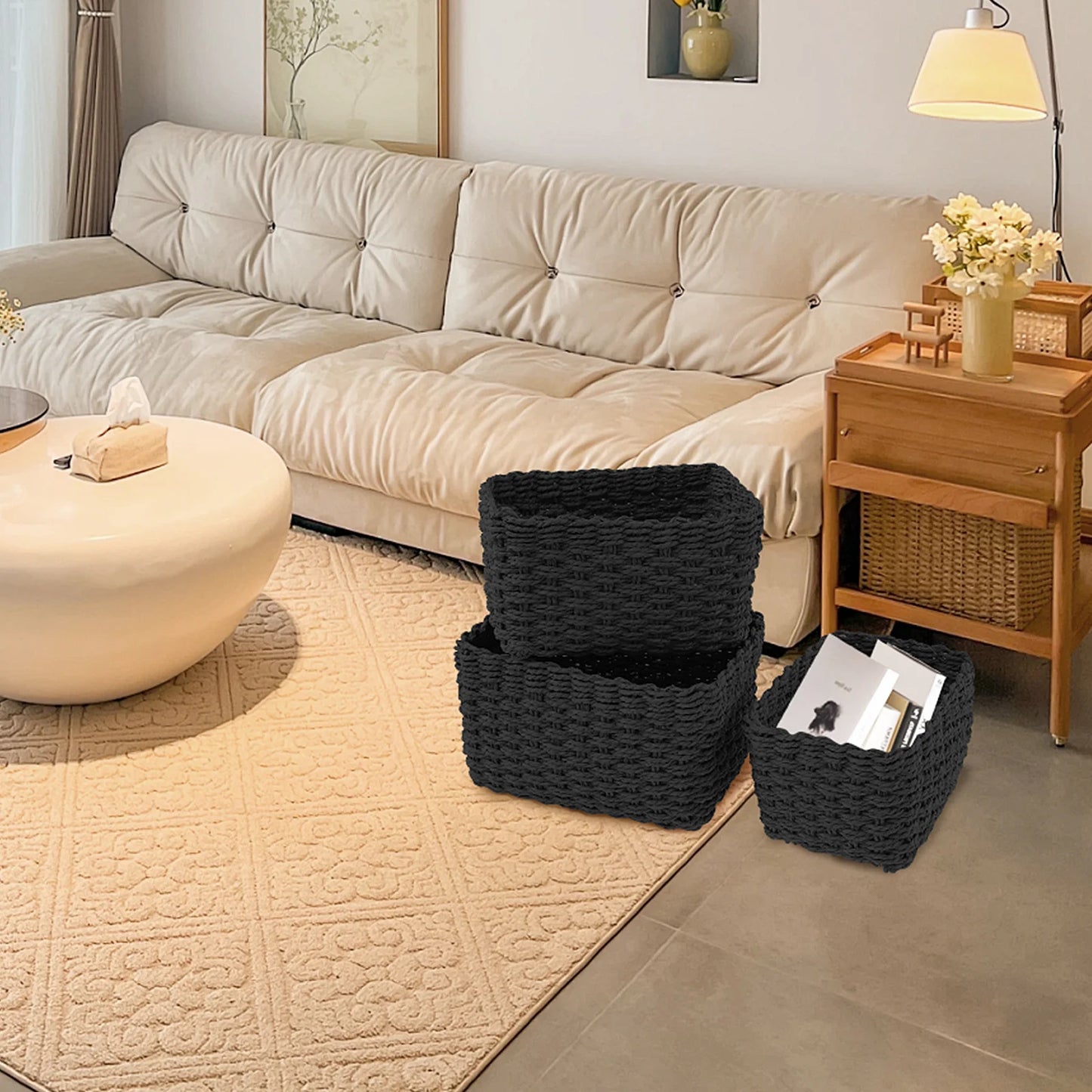 3Pcs Grass Woven Storage Baskets Decorative Woven Baskets for Storage Multifunctional Picnic Basket Fruit Cosmetic Storage Box