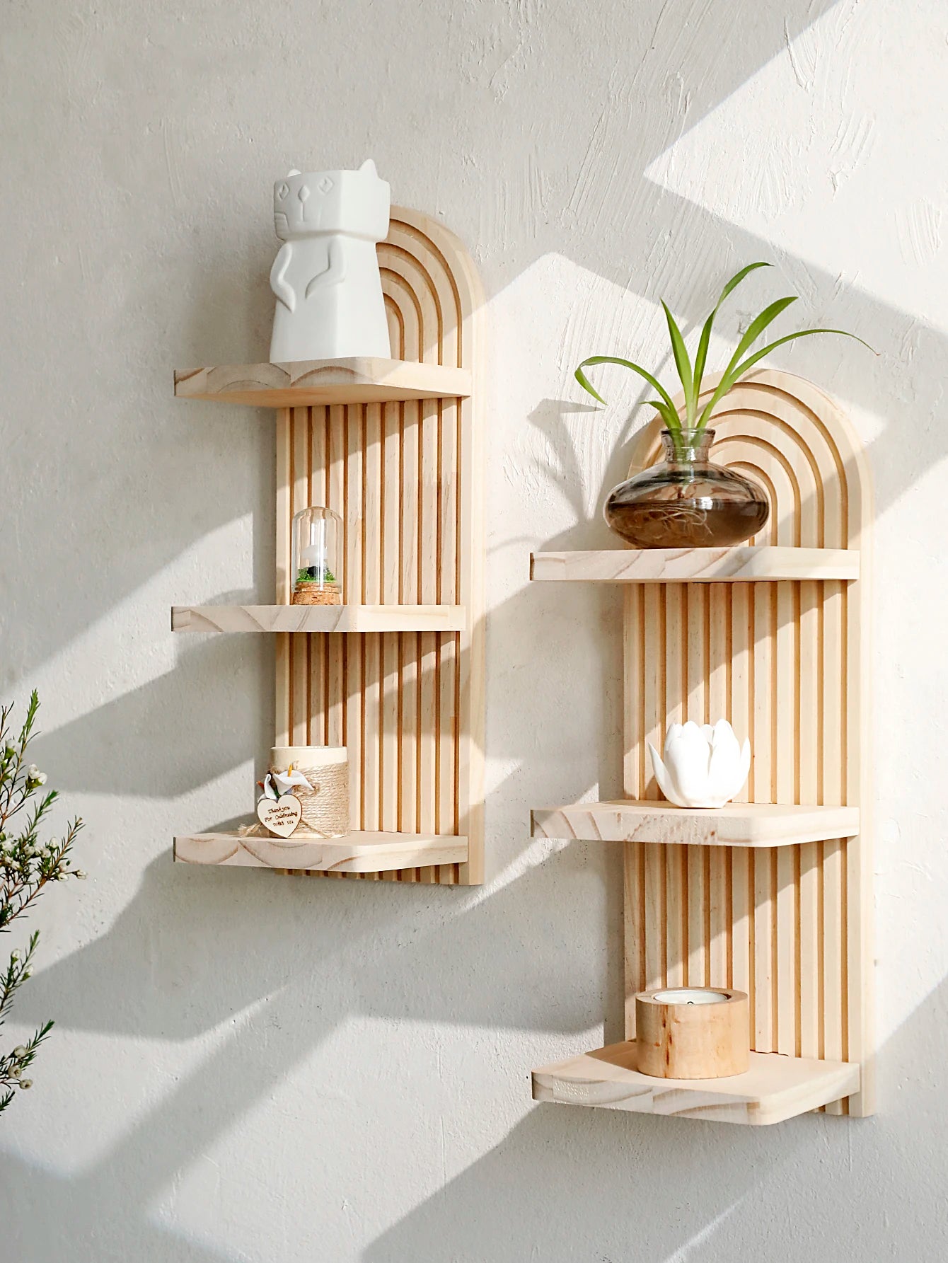 Boho 3-Tier Arched Wooden Wall Shelf – Natural Floating Display