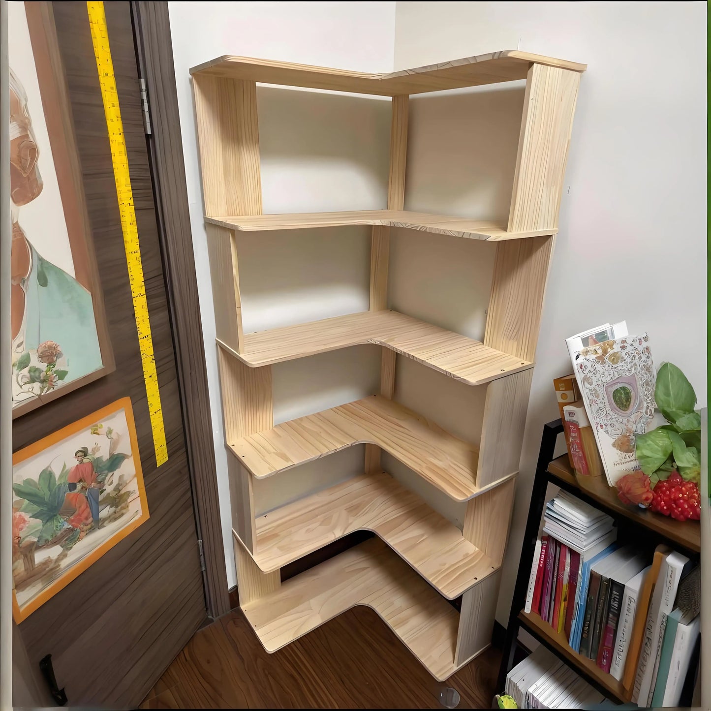 Solid wood corner bookshelf rack floor home living room corner multi-layer storage simple storage cabinet
