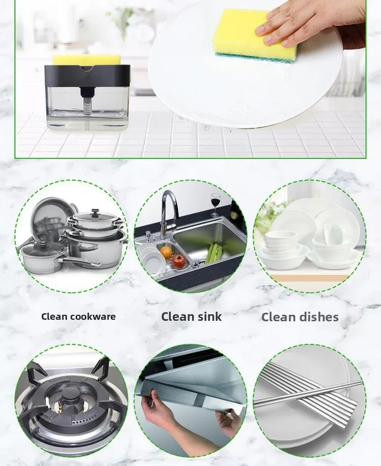 Kitchen cleaning essentials: dishwashing dispenser, auto liquid box, pot/dish brush, scouring pad, pot cleaner