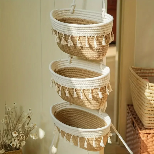 3 Tier Hanging Rope Basket Wall Basket Boho Wall Decorative Woven Storage Sundries Cosmetics Box Basket Closet Living Room